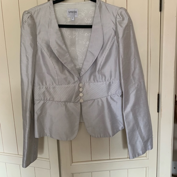 ARMANI COLLEZIONI Ivory & Gray SILK SHANTUNG BUTTON UP  BLAZER Sz 6 - Picture 1 of 7
